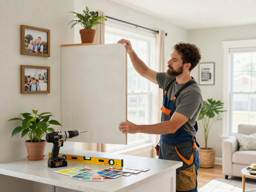 Professional providing home repair services Des Moines Iowa in a bright living room renovating cabinets.