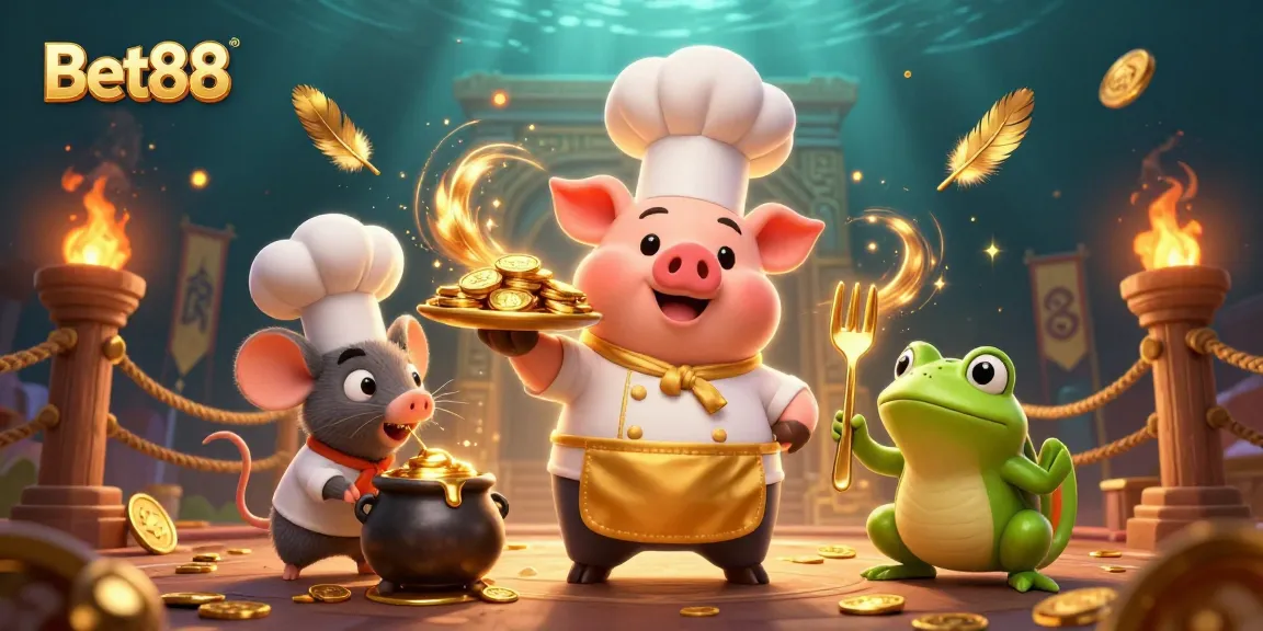 Bet88 showcases a vibrant casino scene with a chef pig serving gold coins, highlighting the excitement of gambling.