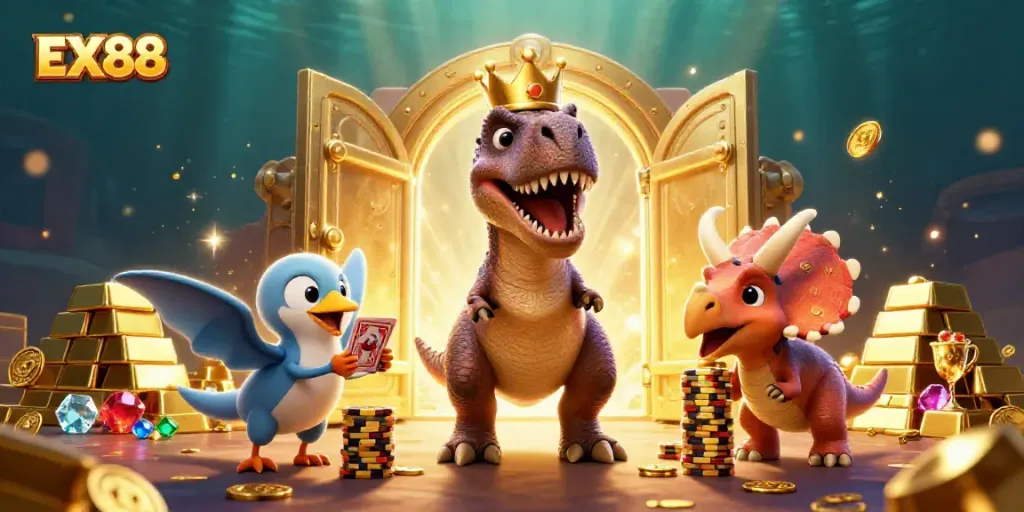 Join the adventure at EX88 as a T-Rex plays cards, a pterodactyl assists, and treasure abounds.