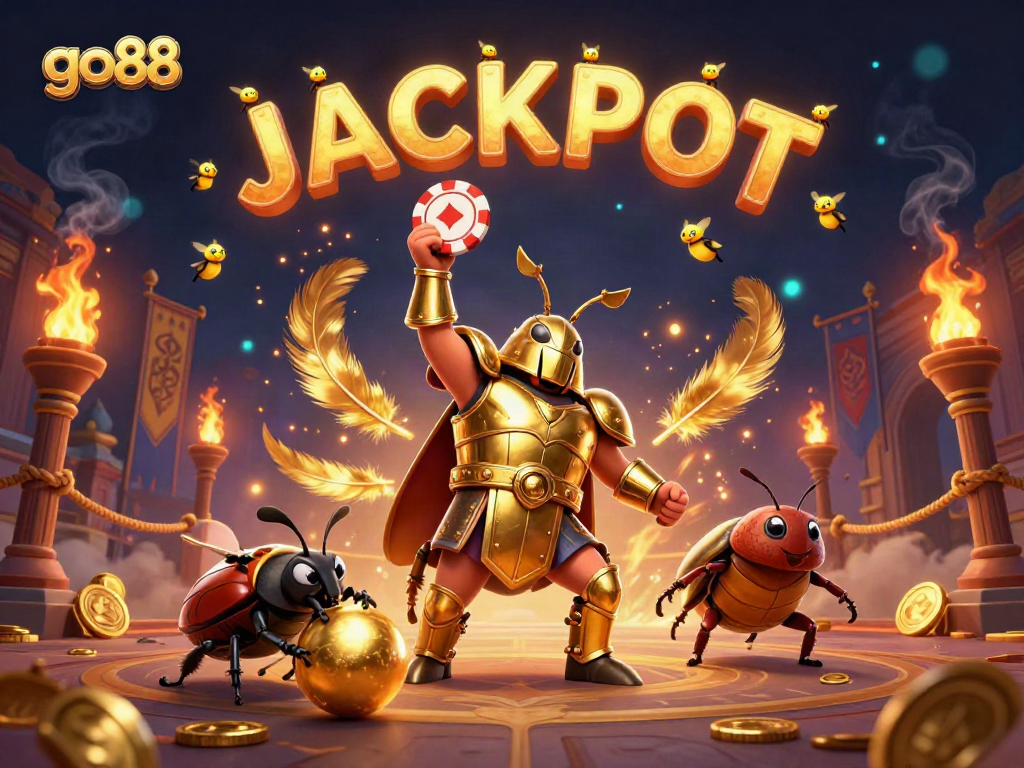 Experience the thrilling action of go88 with the victorious beetle in a vibrant casino scene.