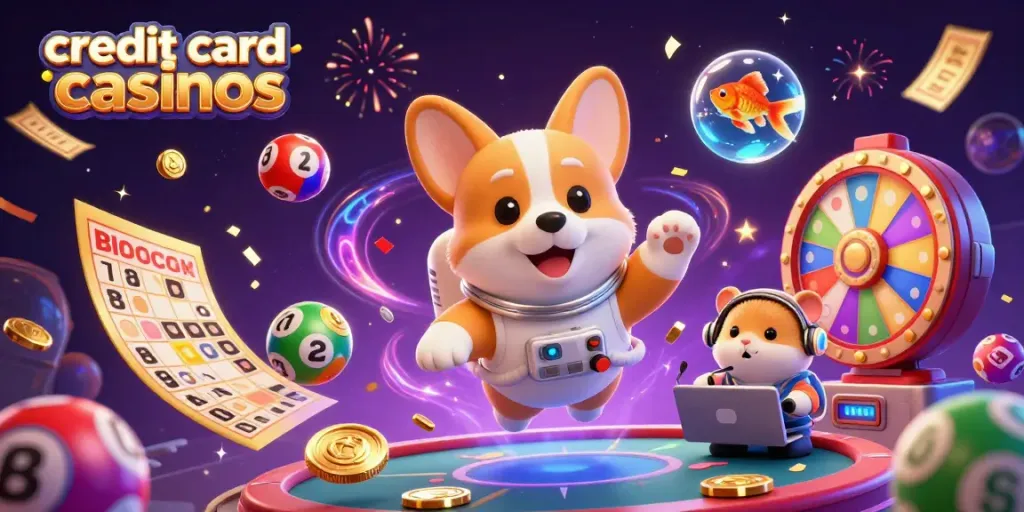 Experience the thrill of credit card casinos with a whimsical scene of a cartoon astronaut corgi in a floating casino surrounded by colorful game elements.