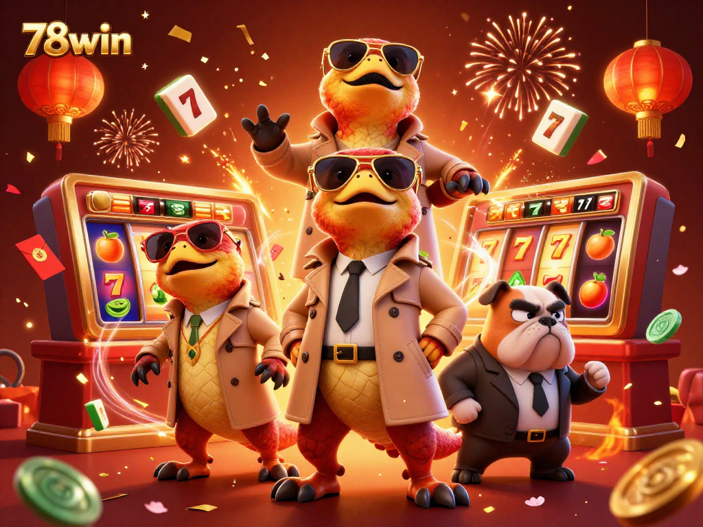 Join the fun at 78win as cartoon raptors sneak into a vibrant slot casino scene.