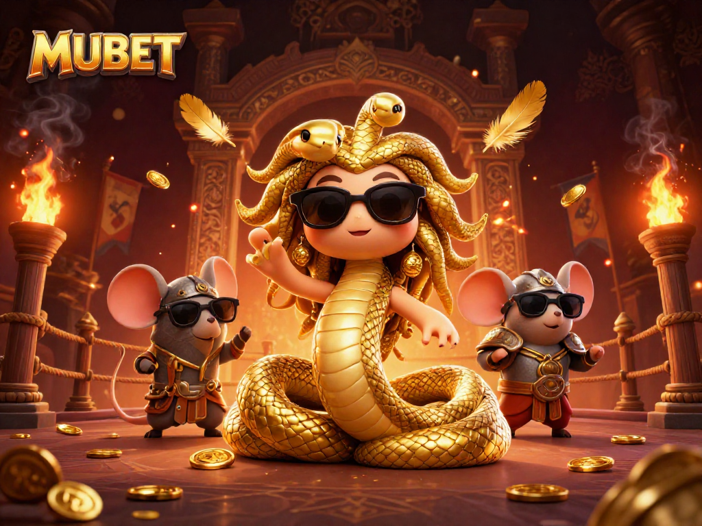 MUBET showcases an epic scene featuring Medusa and a warrior mouse amid swirling casino themes.