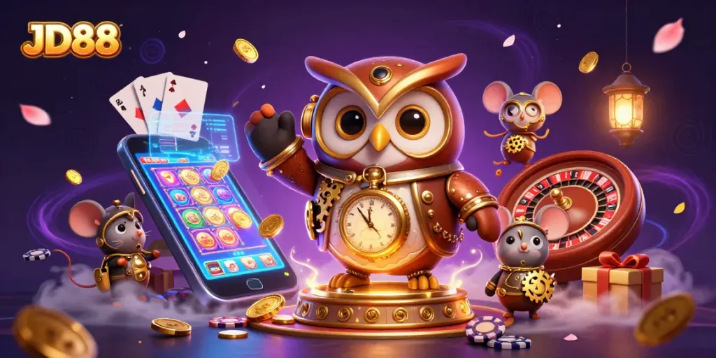 Engage in exciting JD88 slots with a whimsical time-traveling owl and vibrant casino elements.