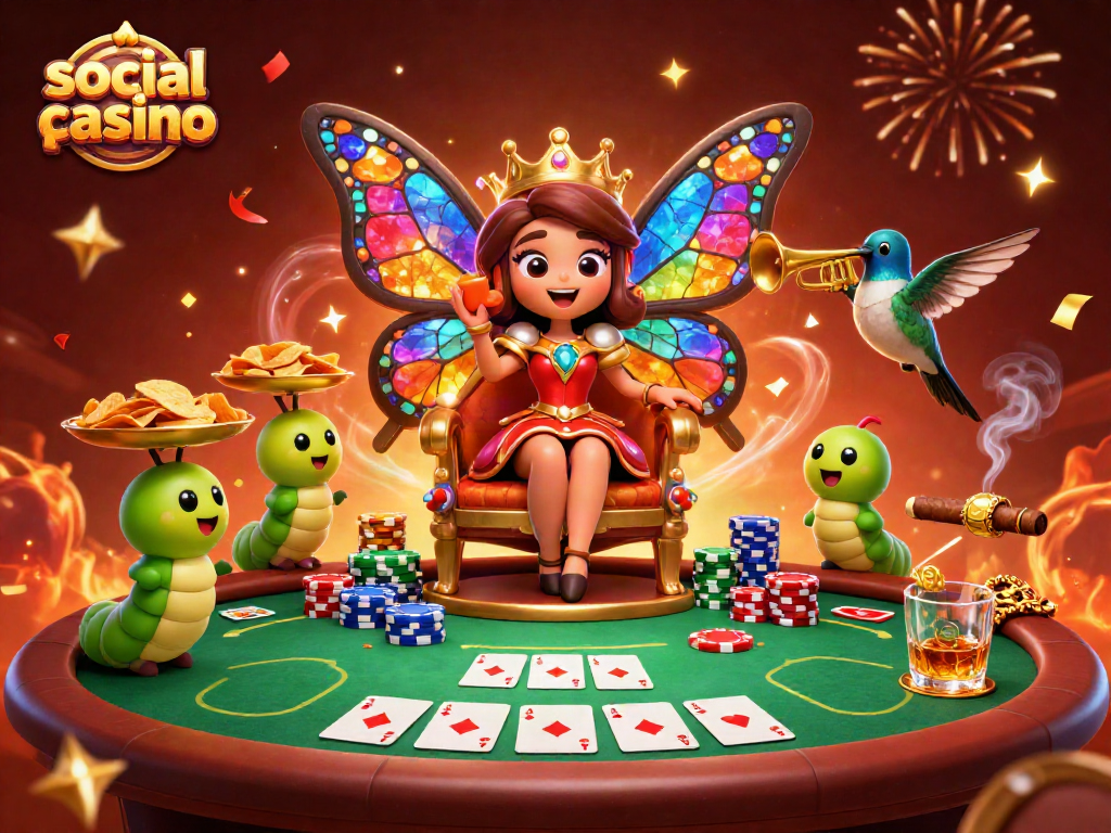 Engage with our social casino scene featuring a vibrant butterfly queen amidst colorful poker elements.