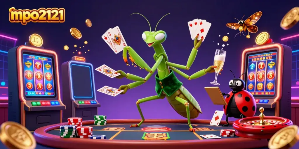 Temukan keseruan bermain slot dengan mpo2121, saat karakter serangga dalam suasana kasino penuh jackpot.