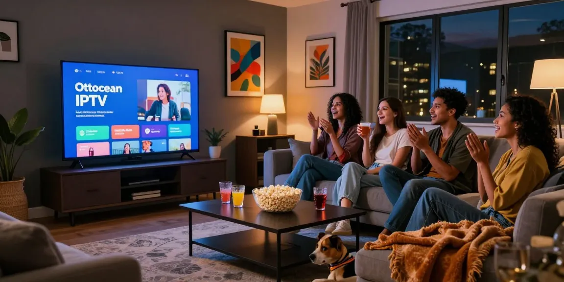 Diverse group enjoying Ottocean IPTV streaming service in a cozy living room.