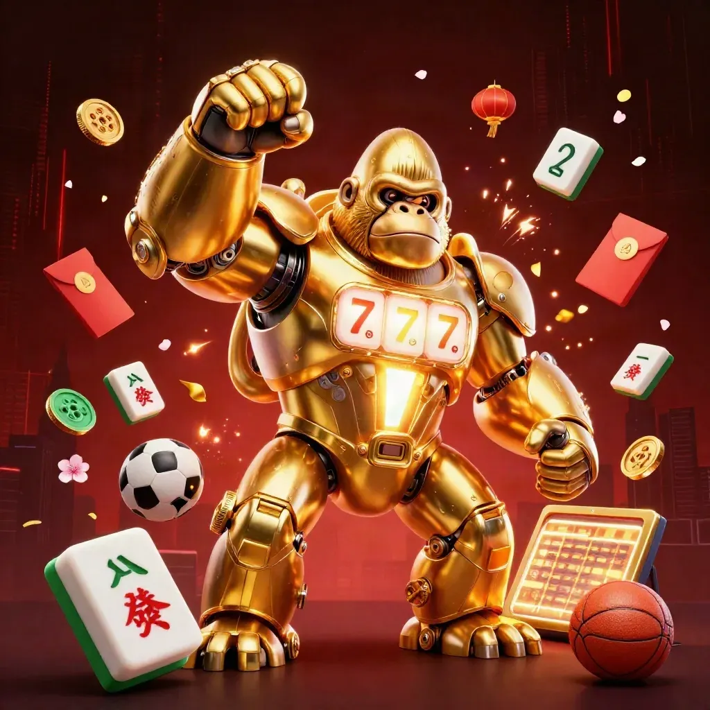 Golden gorilla mech with monkey pilot, casino props, neon treasure bursts in a dark skyline.