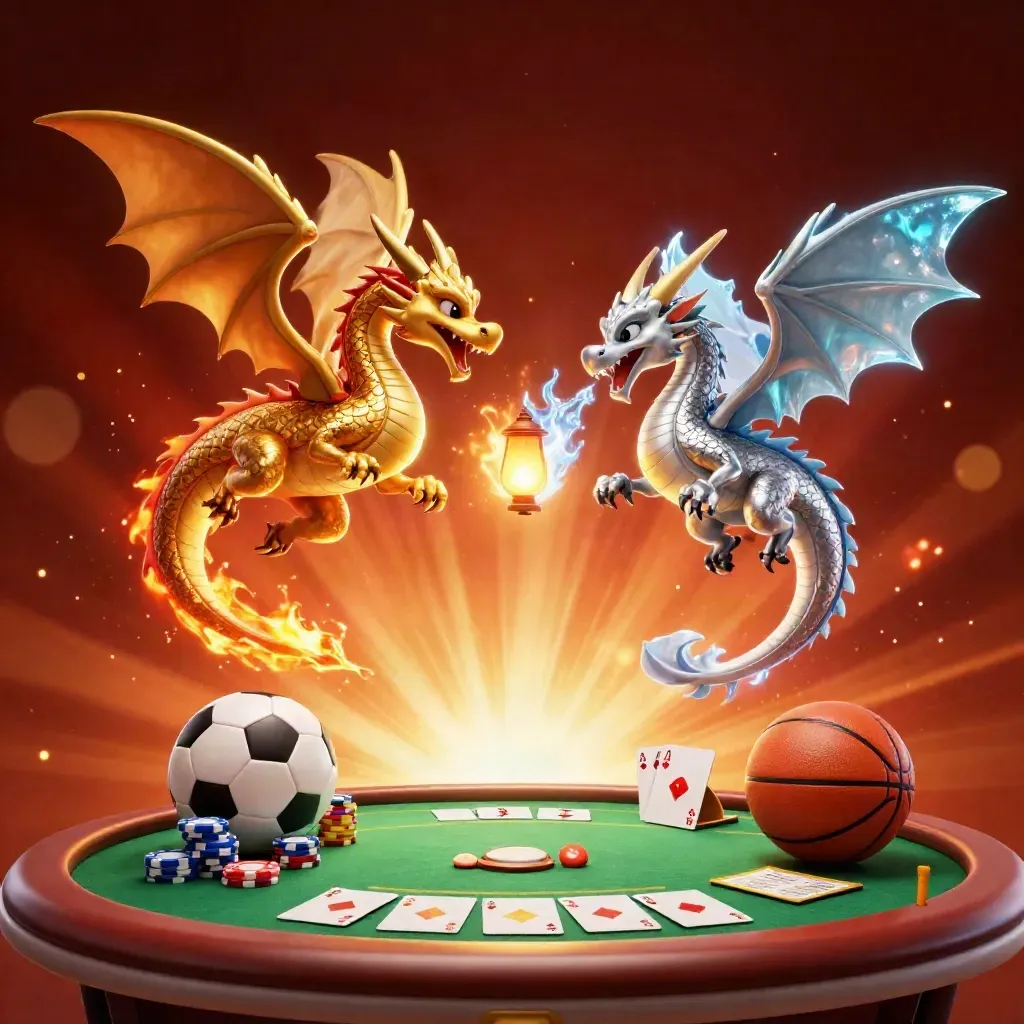 Gold and silver dragons spiral over poker and sports props in fiery casino key art.