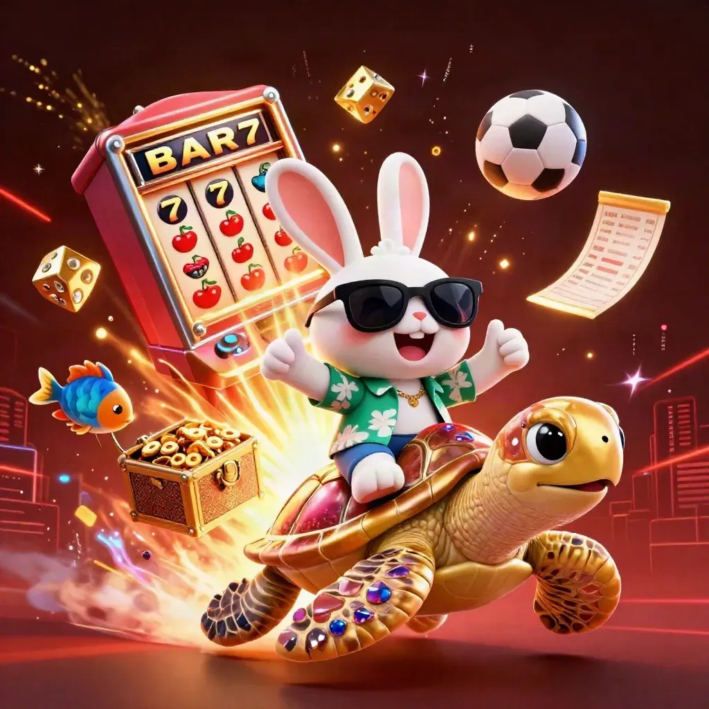 Lucky rabbit rides a golden sea turtle amid casino bursts, sports balls, and neon red-black energy