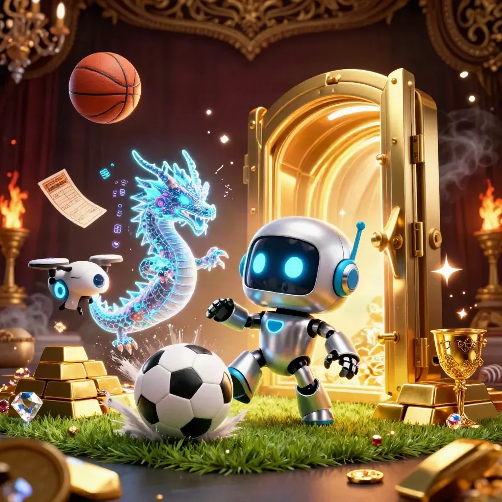 Cyberpunk robot, holographic dragon, coin drone, vault gold, soccer ball, and casino glow
