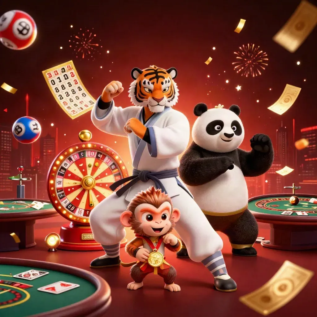Tiger, panda, and monkey in a glowing casino scene with gold props and swirling lights.