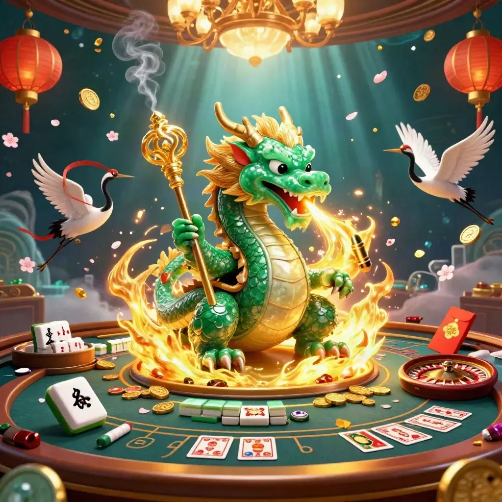 Emerald dragon, turtle sage, and cranes amid casino luxury, lanterns, coins, and glowing effects.