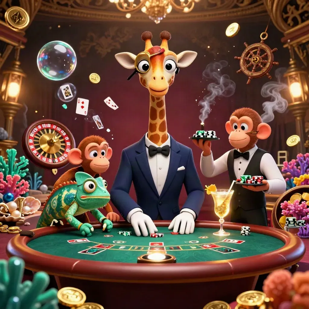 High-roller giraffe, monkey valet, and chameleon bartender in a luxe casino treasure cove