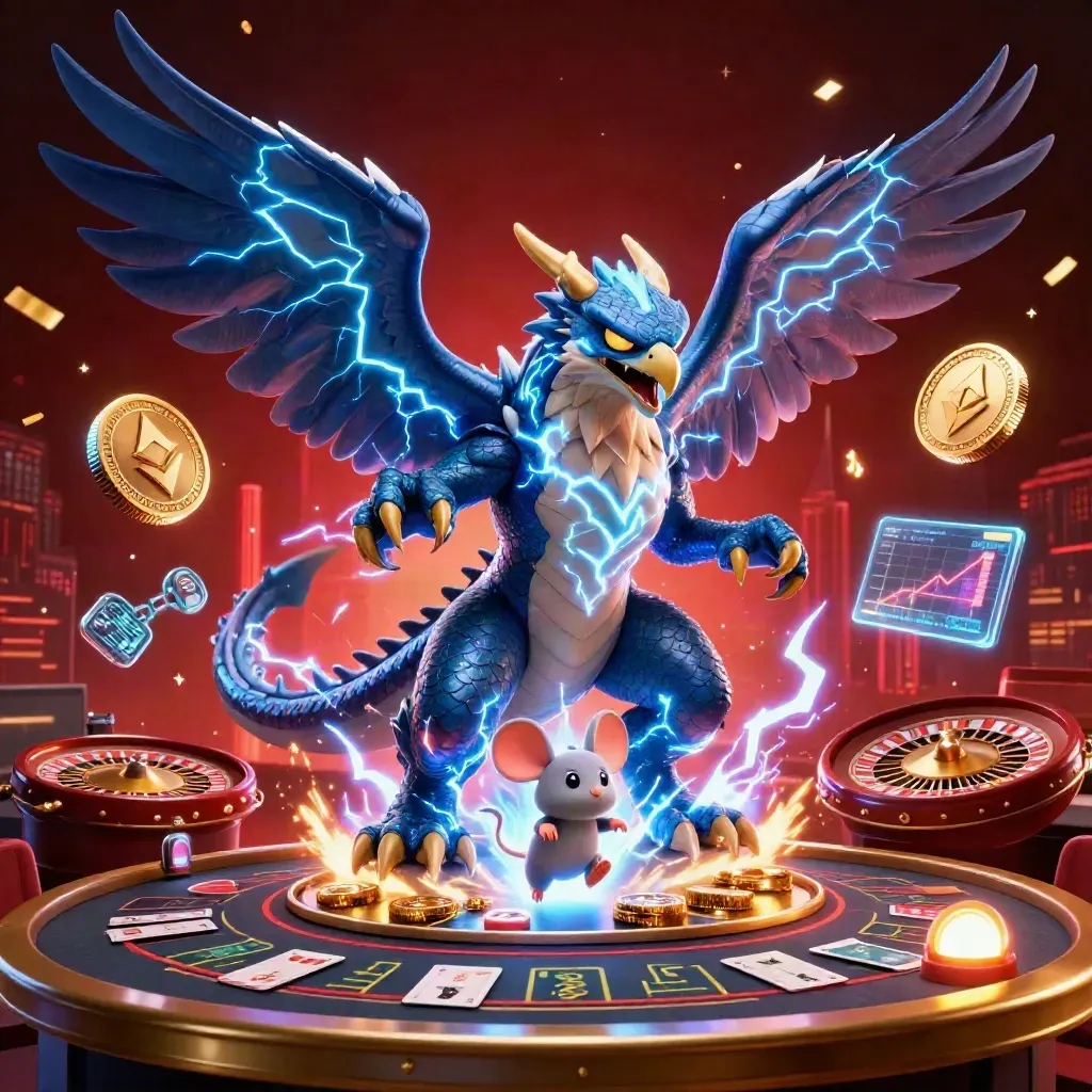 Thunder dragon, hawk, and mouse blast casino neon over a dark luxe skyline backdrop.