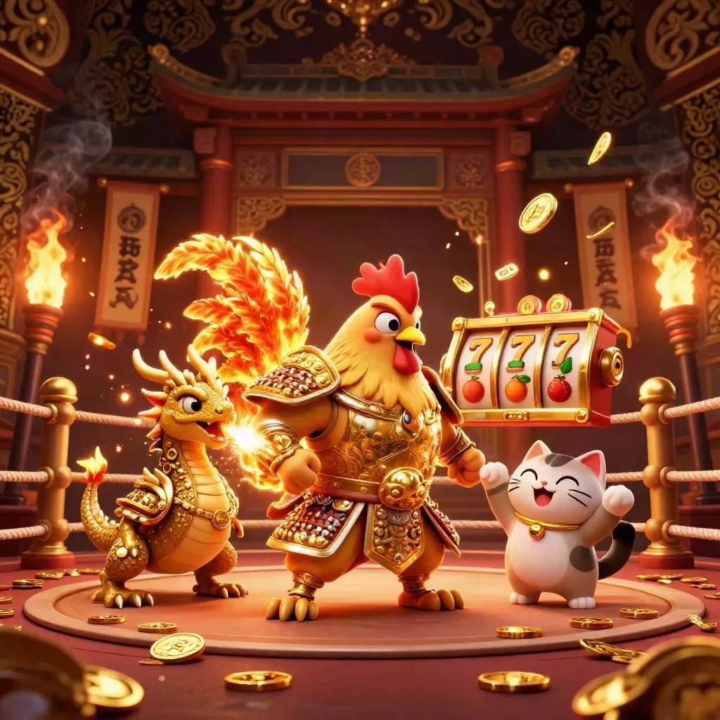 Rooster warrior, dragon hatchling, and fortune cat amid casino sparks in a dark gold temple arena