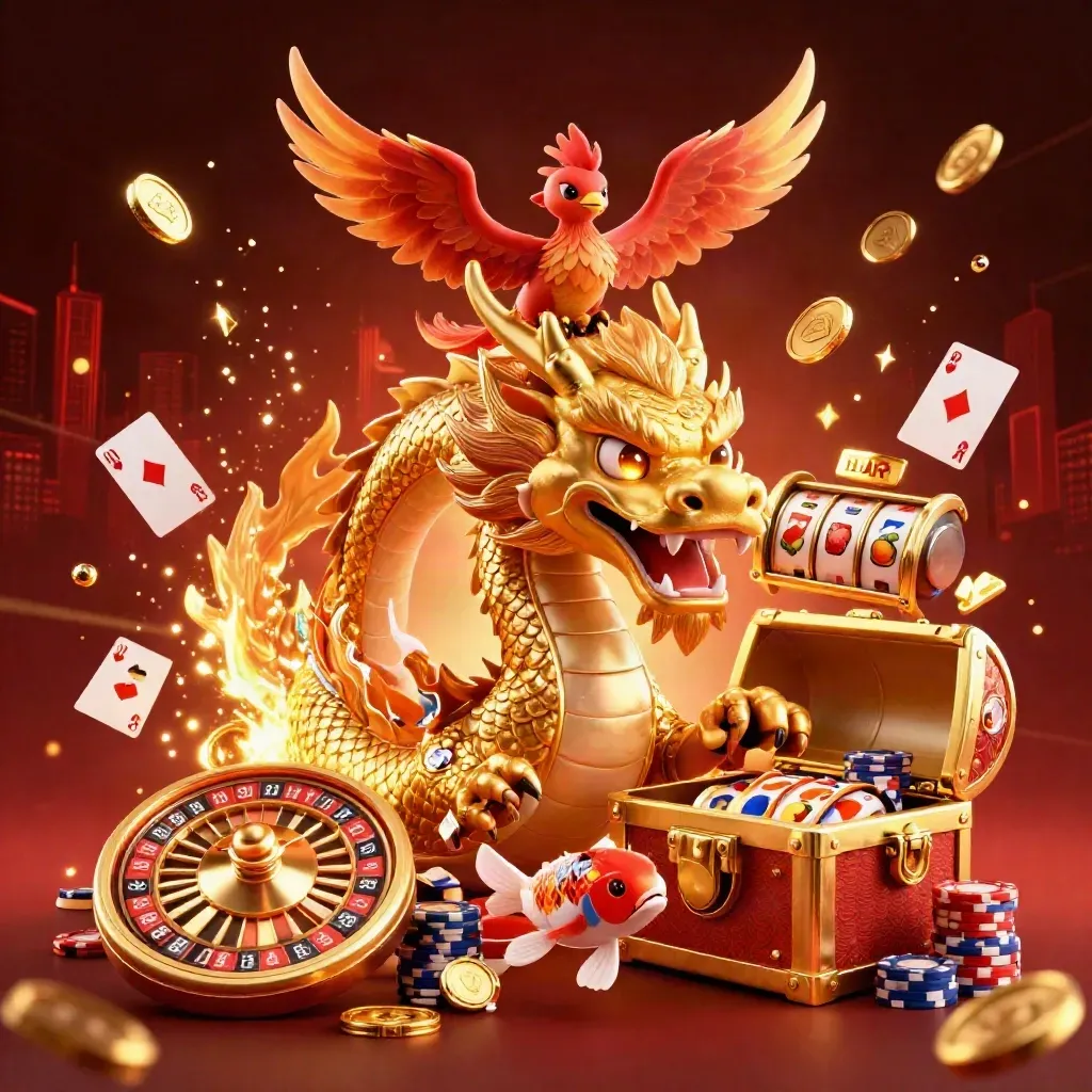 Golden dragon with phoenix and koi amid casino chips, cards, coins, and a dark red skyline.