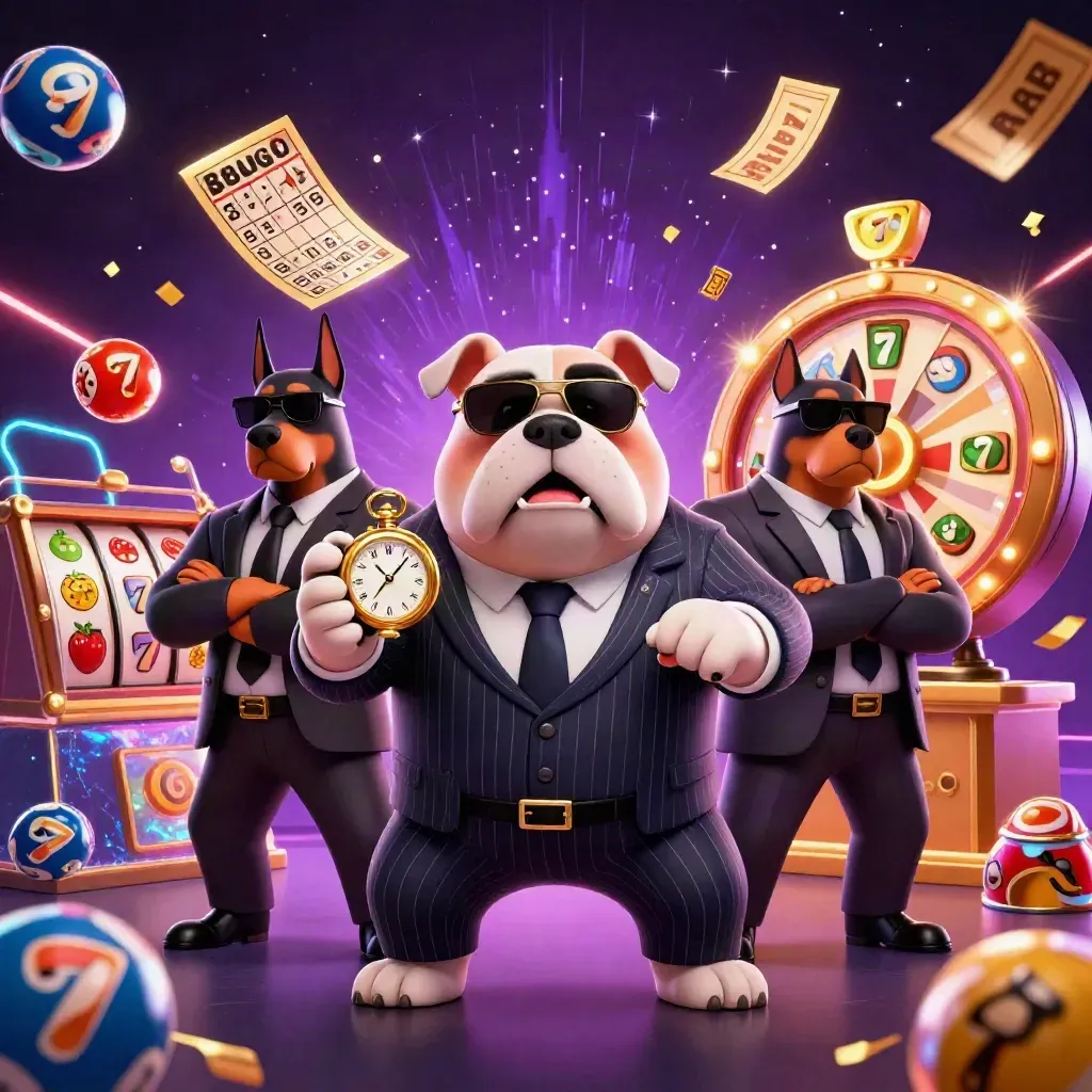 Mafia bulldog and two Dobermans amid flying balls, reels, tickets and neon casino energy.