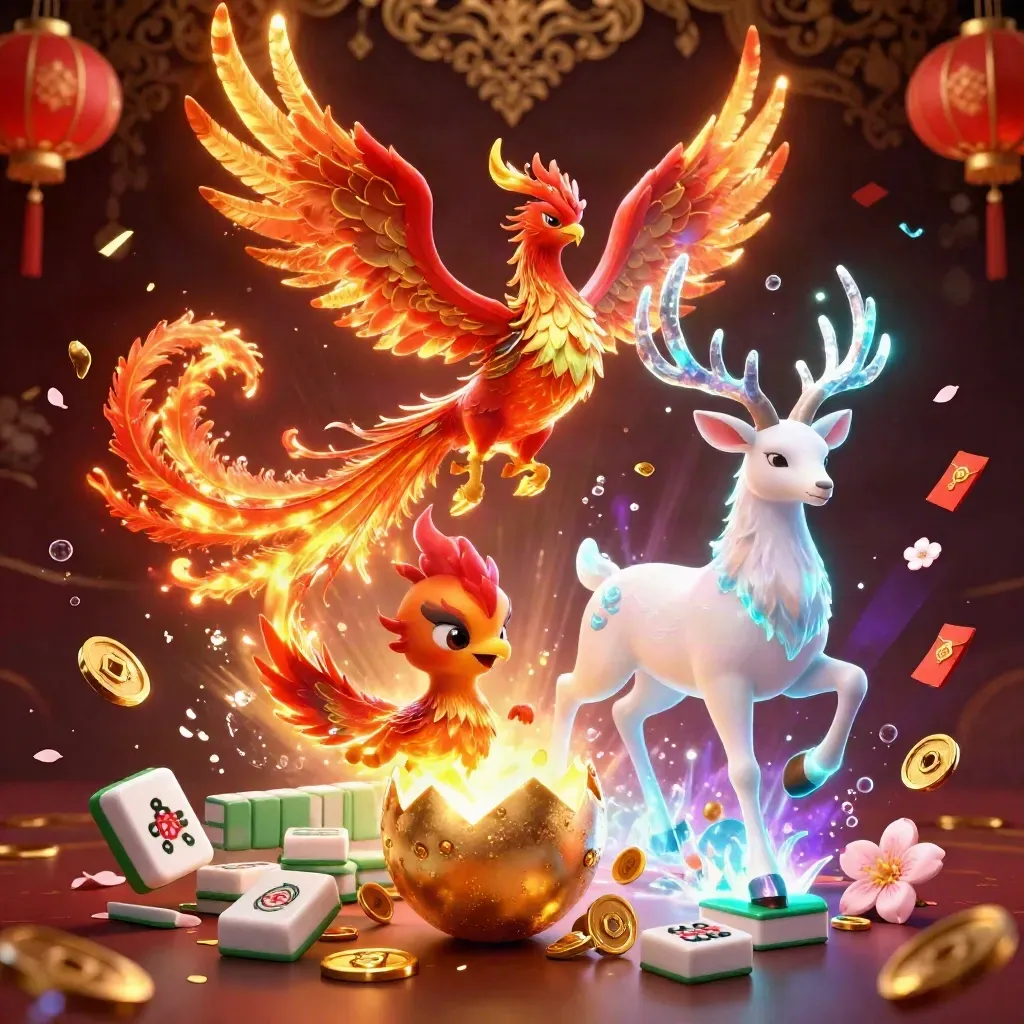 Fire phoenix, baby phoenix, and crystal stag amid gold treasure, lanterns, and glowing dark luxury.