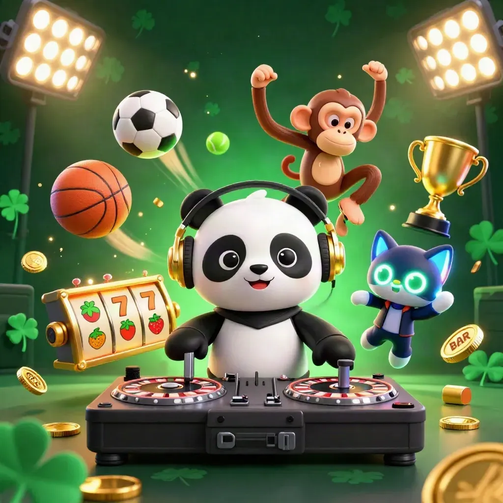 DJ panda, breakdancing monkey, and glow-stick kitten amid casino sports chaos and emerald neon glow