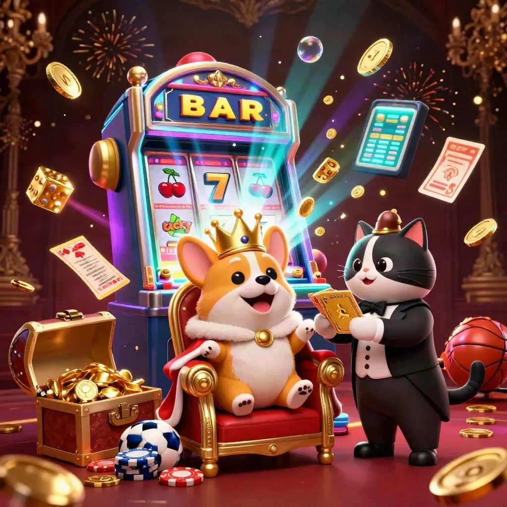 Royal corgi and cat butler amid bursting coins, slot symbols, and casino fireworks.