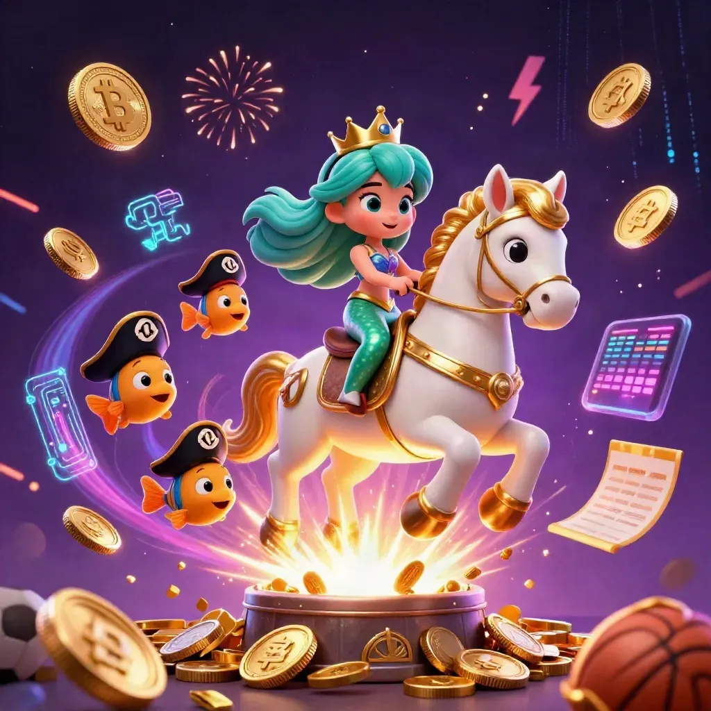 Mermaid princess on a golden seahorse amid coins, pirate fish, crypto sparks, and fireworks.