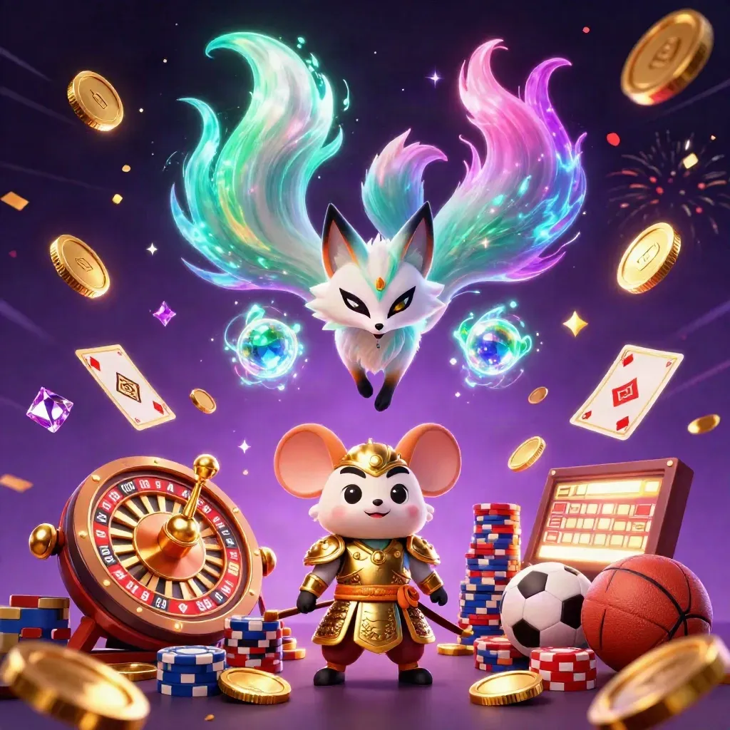 Fox spirit and samurai mouse in a coin blast with roulette, chips, cards, and fireworks.
