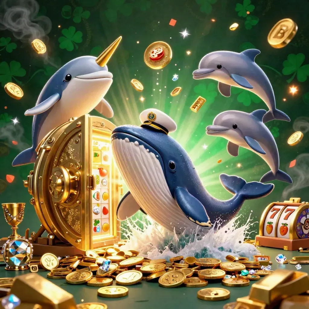 Whale captain, narwhal, and dolphins burst from coins around a vault door in premium casino lighting.