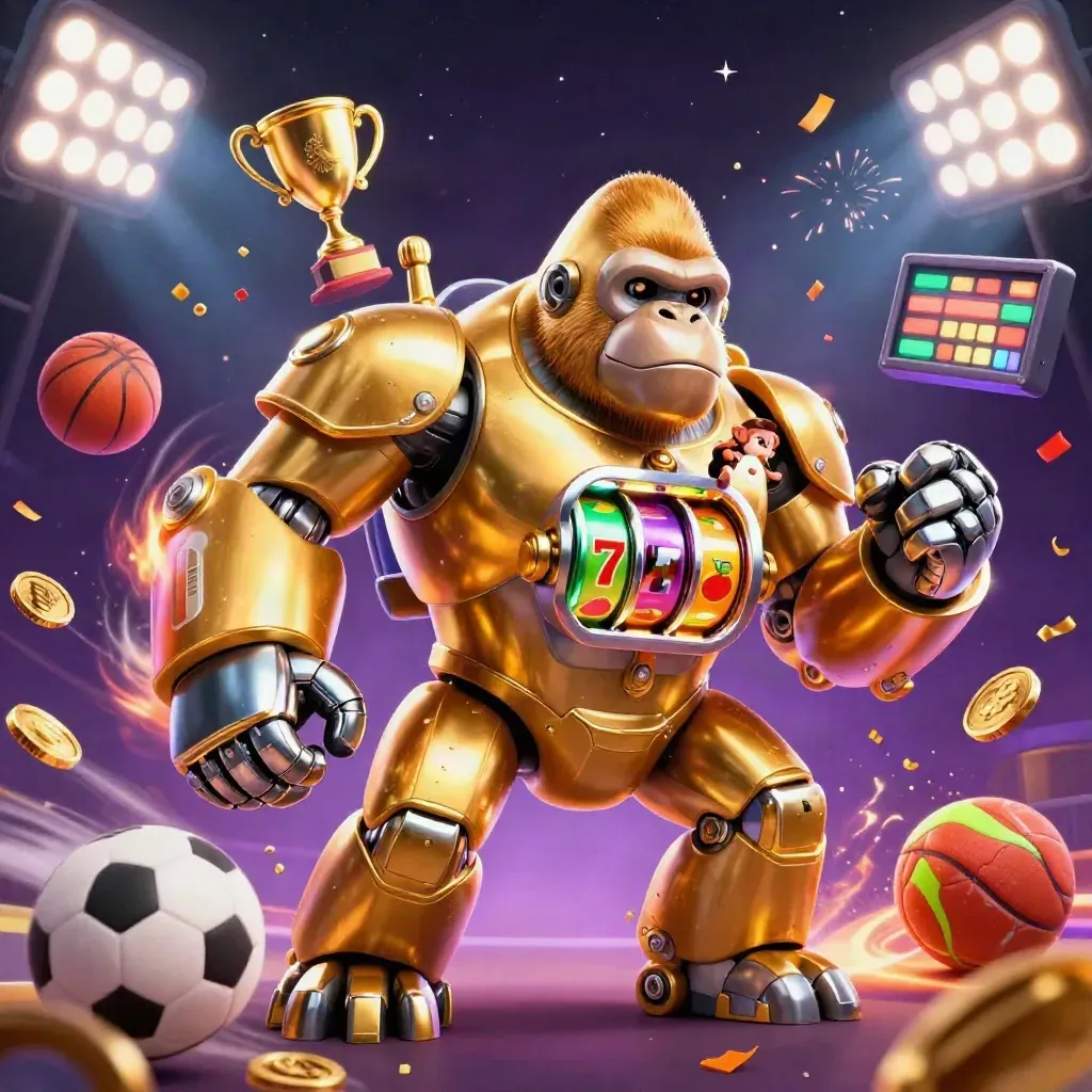 Golden gorilla mech with tiny monkey pilot, slot reels, sports balls, trophy, coins, purple casino glow.