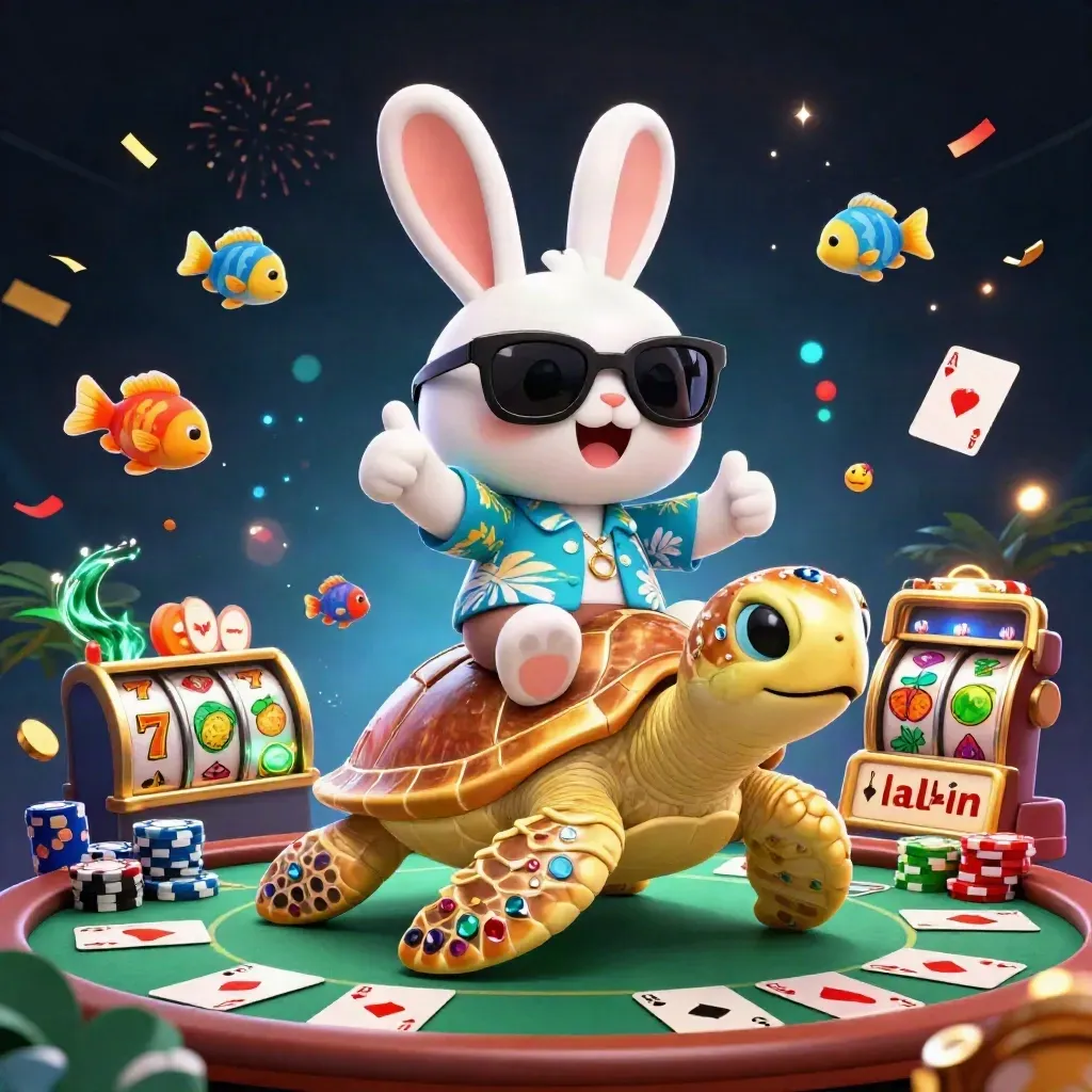 Lucky rabbit rides a jeweled sea turtle amid poker chips, aces, reels, and casino fireworks.