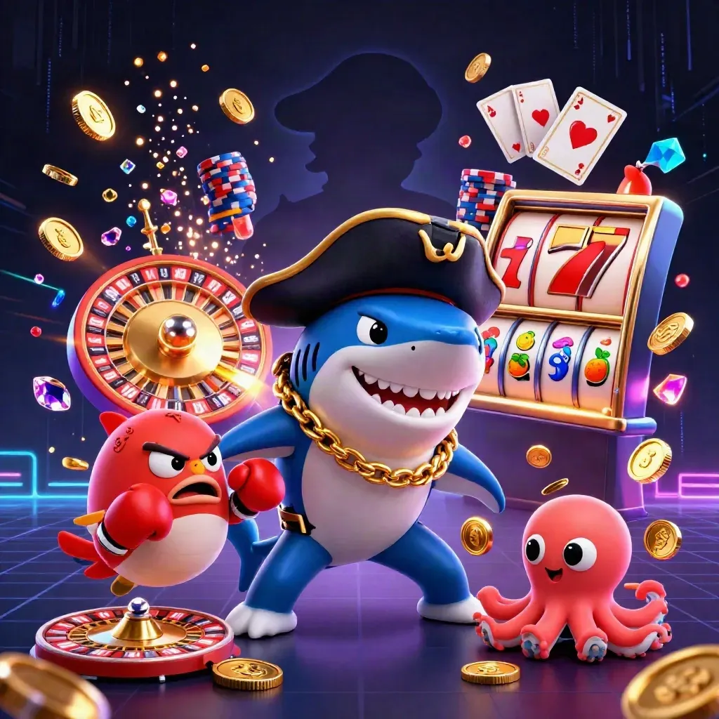 Pirate shark, boxing pufferfish, and coin-juggling octopus amid casino sparks and spinning reels
