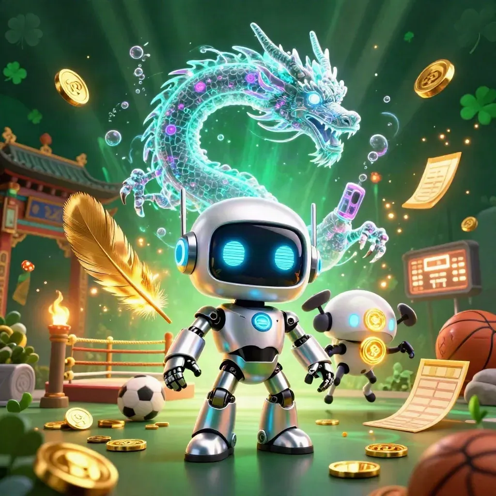 Cyberpunk robot, AI dragon, and coin drone amid gold, sports gear, and neon casino glow.
