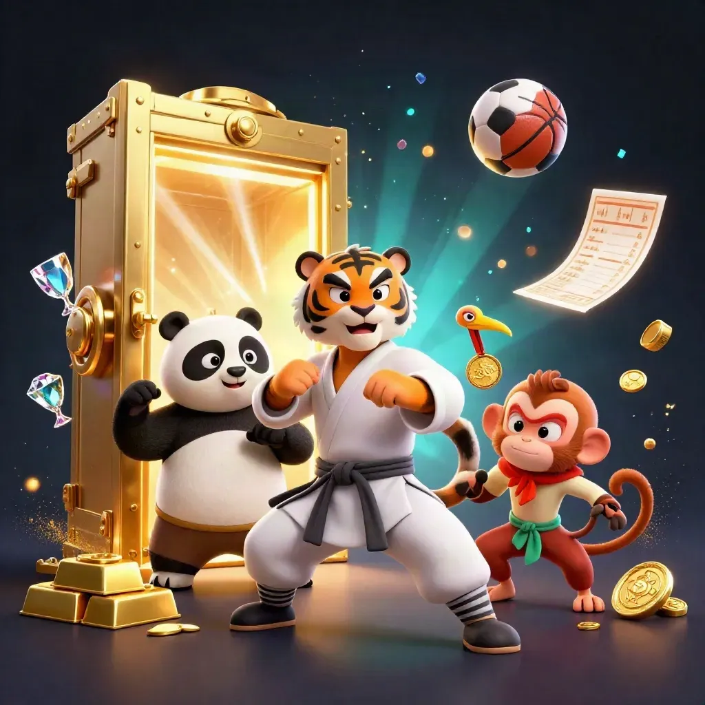 Tiger master, panda, and monkey amid gold vault treasure and casino sports props