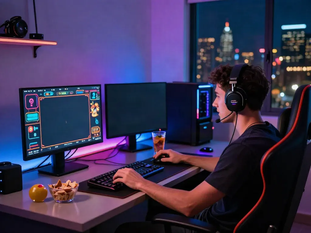Engaged player at sleek gaming setup enjoying online casino experience on https://nbet.page/ with energetic atmosphere.