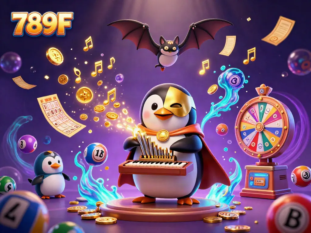 Experience the excitement of 789F with a spectacular scene featuring a penguin organist and vibrant casino elements.