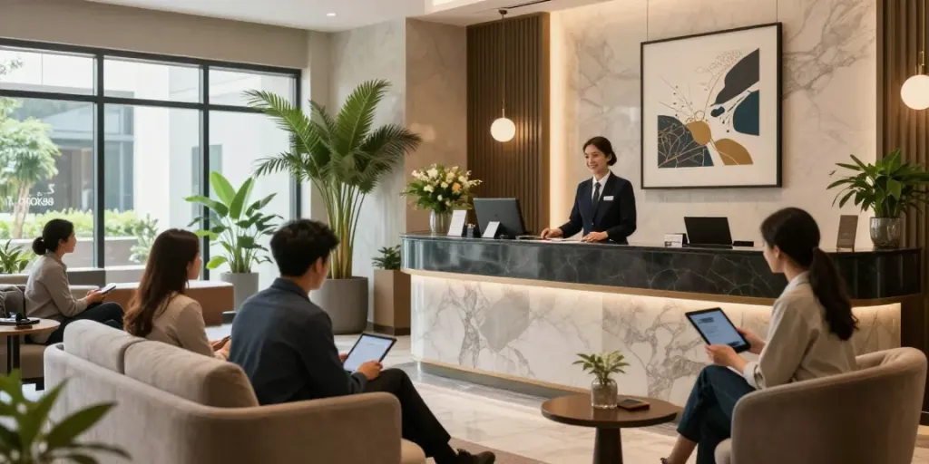 Welcoming atmosphere at ROKOK88 hotel lobby with receptionist and guests, featuring comfortable seating.