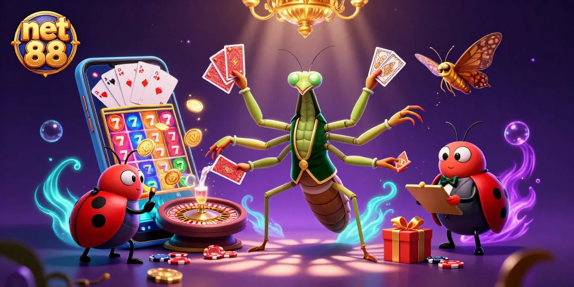 Engaging net 88 casino scene with a multilayered 3D illustration of vibrant characters and gaming elements.