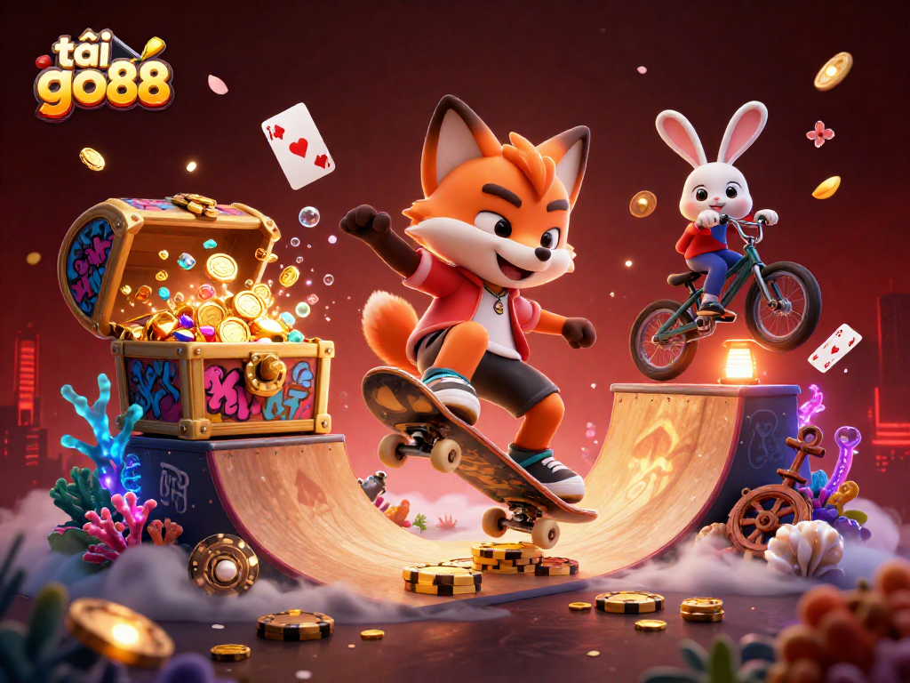 Engage with excitement in tải go88, featuring a skateboarder fox and BMX rabbit in a vibrant gaming scene.