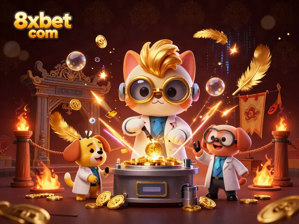Experience the energetic atmosphere of 8xbet com with a playful cat and dog duo amidst vibrant casino elements.
