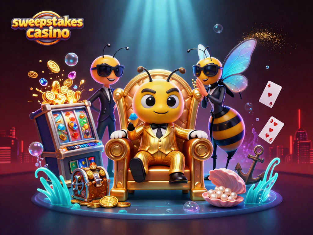 A dynamic scene showcasing the sweepstakes casino theme with a bumblebee mob boss and energetic game elements.
