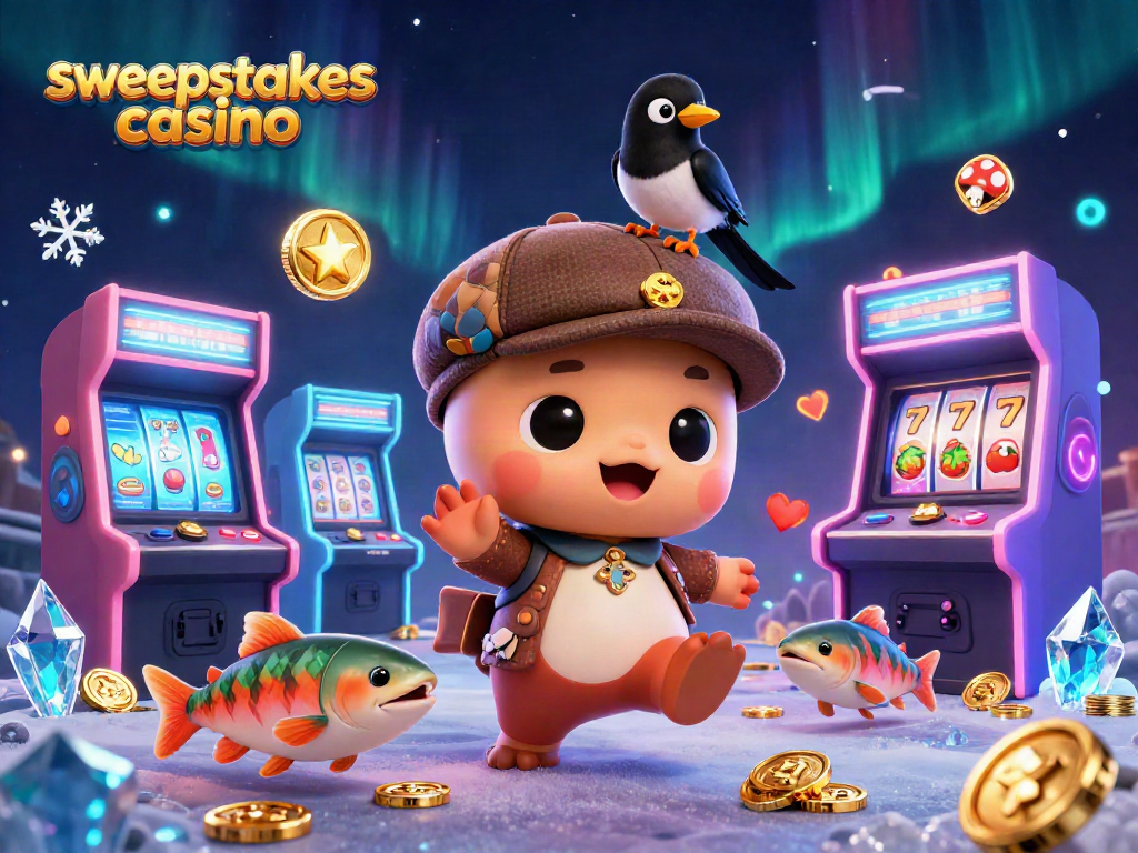 Experience the thrill of a sweepstakes casino with a vibrant 3D cartoon illustration of Nessie and friends.