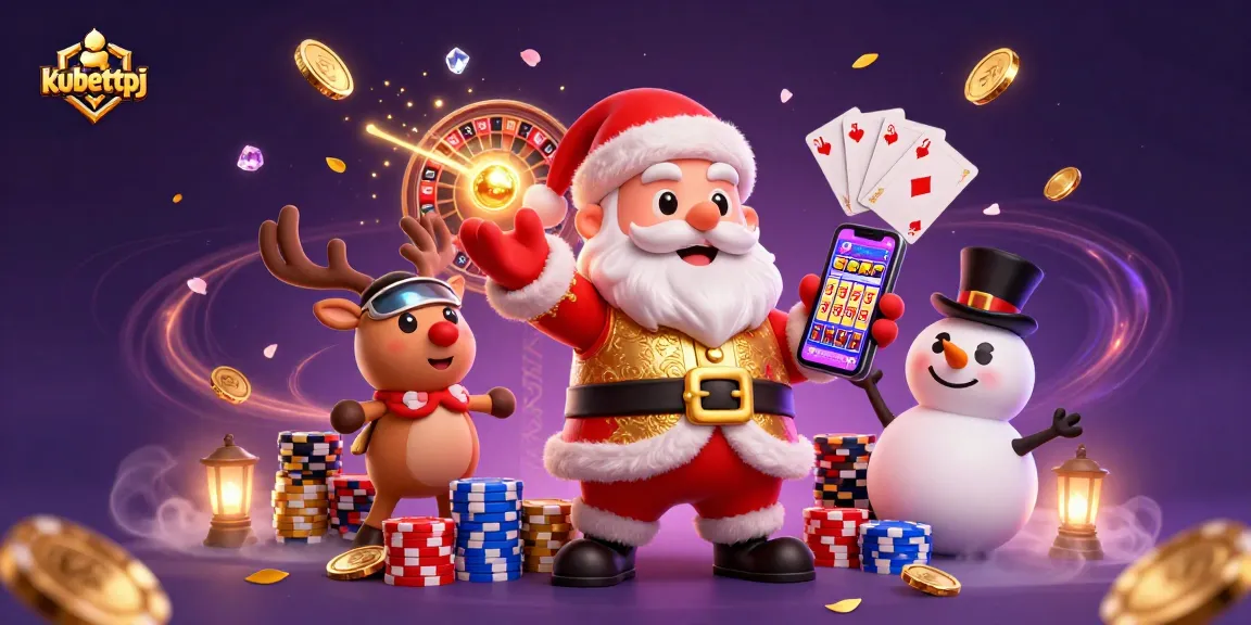 Experience thrilling wins at kubettpj, featuring Santa and friends amidst cascading coins and vibrant slot machines.