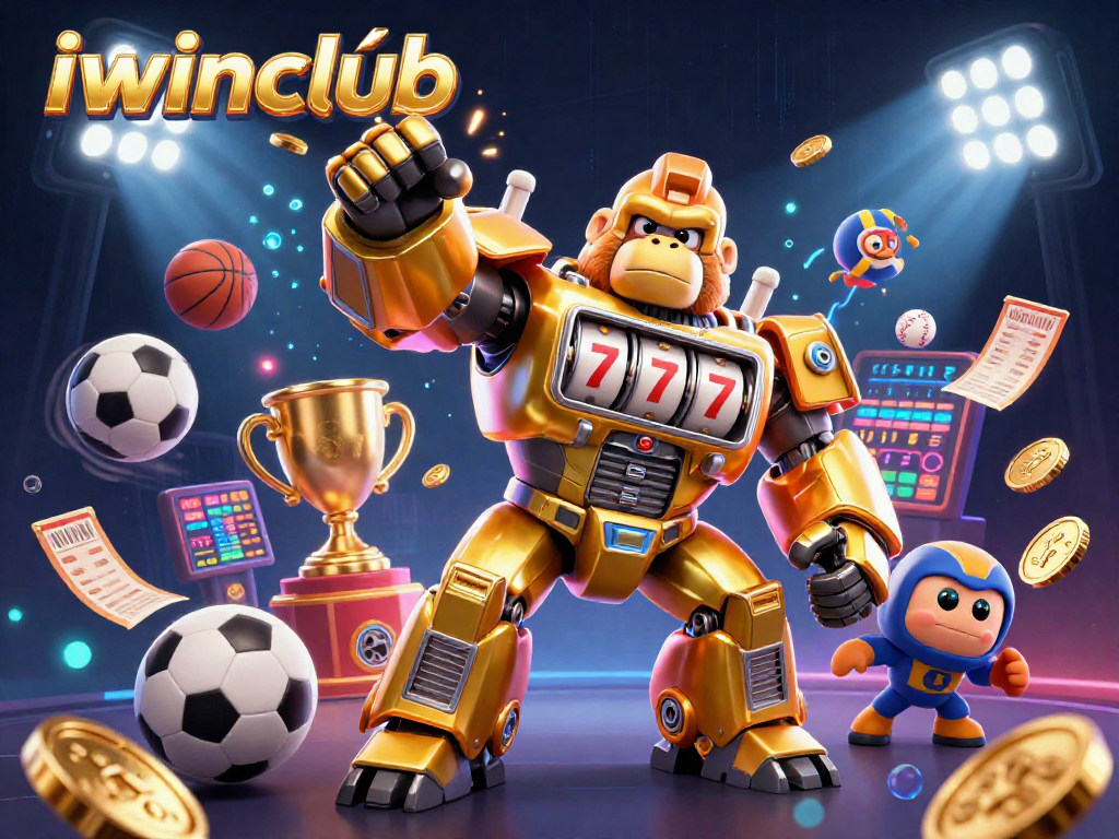 iwinclub showcases a vibrant 3D illustration of a golden gorilla mech and dynamic sports elements.