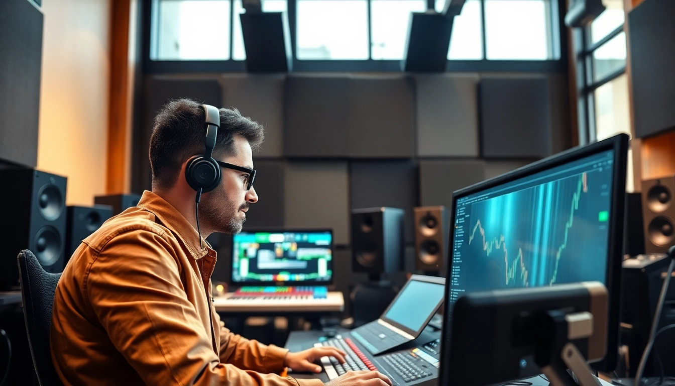 Sound engineer mastering audio for online mastering in a bright, modern studio.