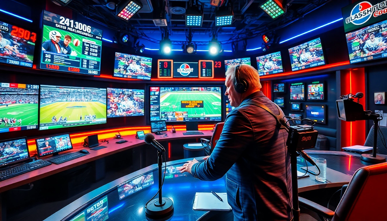 Engaging scene of sports broadcasting showcasing a host amidst vibrant screens and energetic lighting.