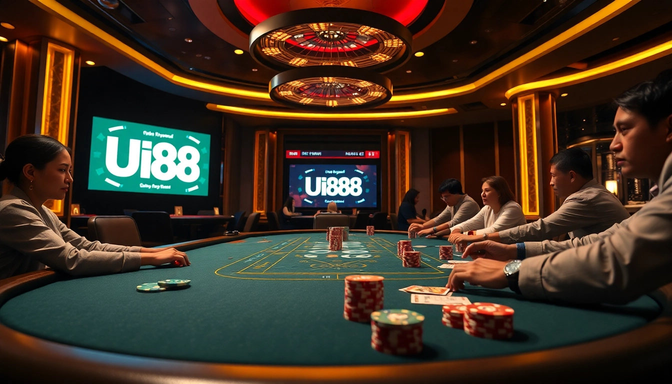 Play poker with UU88 chips at a luxurious casino table, capturing a thrilling gaming moment.