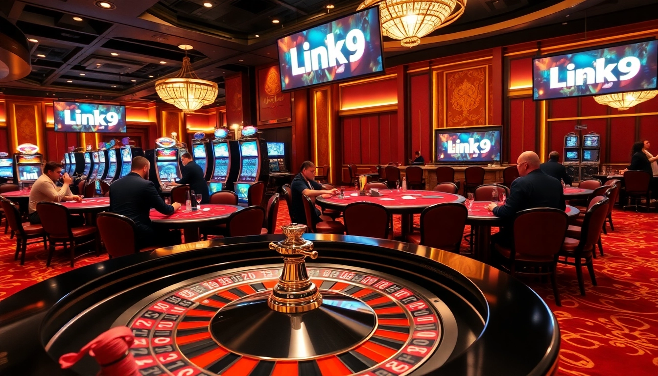 Players enjoying 'Link OK9' at a lavish casino with roulette and poker tables.