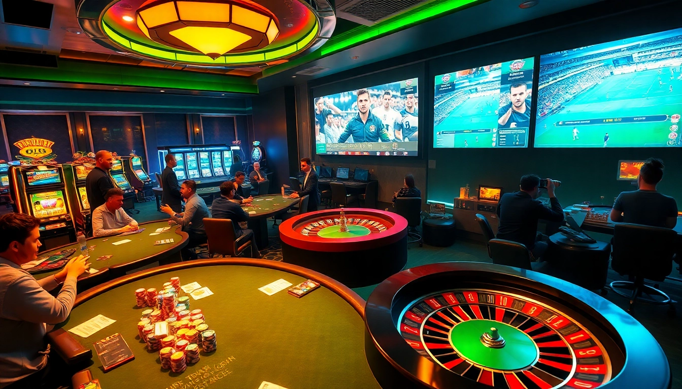 Betting excitement at a casino featuring football matches from https://kjc.football/ with poker tables and live action.