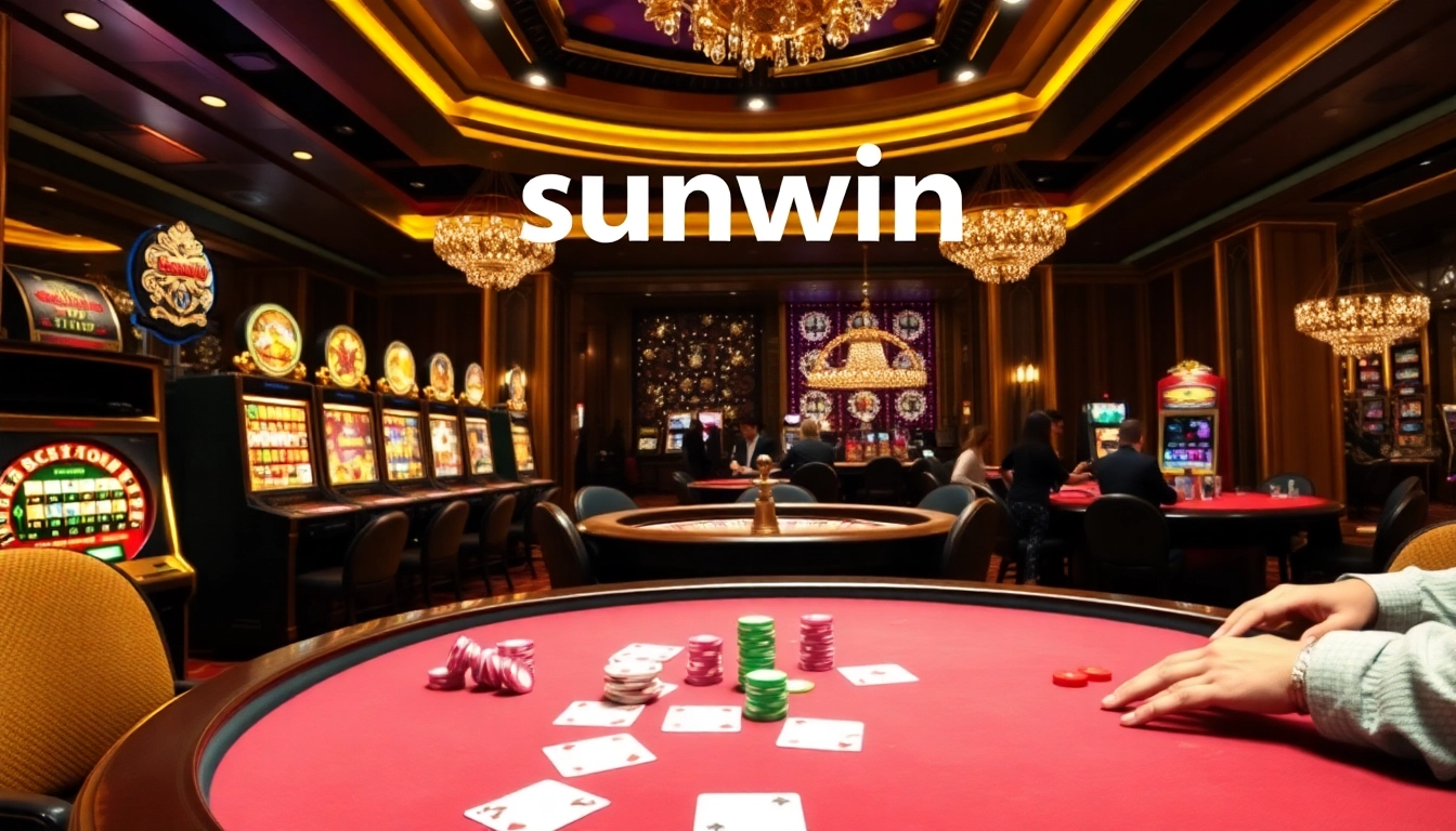 Players enjoying intense poker action at sunwin casino surrounded by vibrant slot machines.
