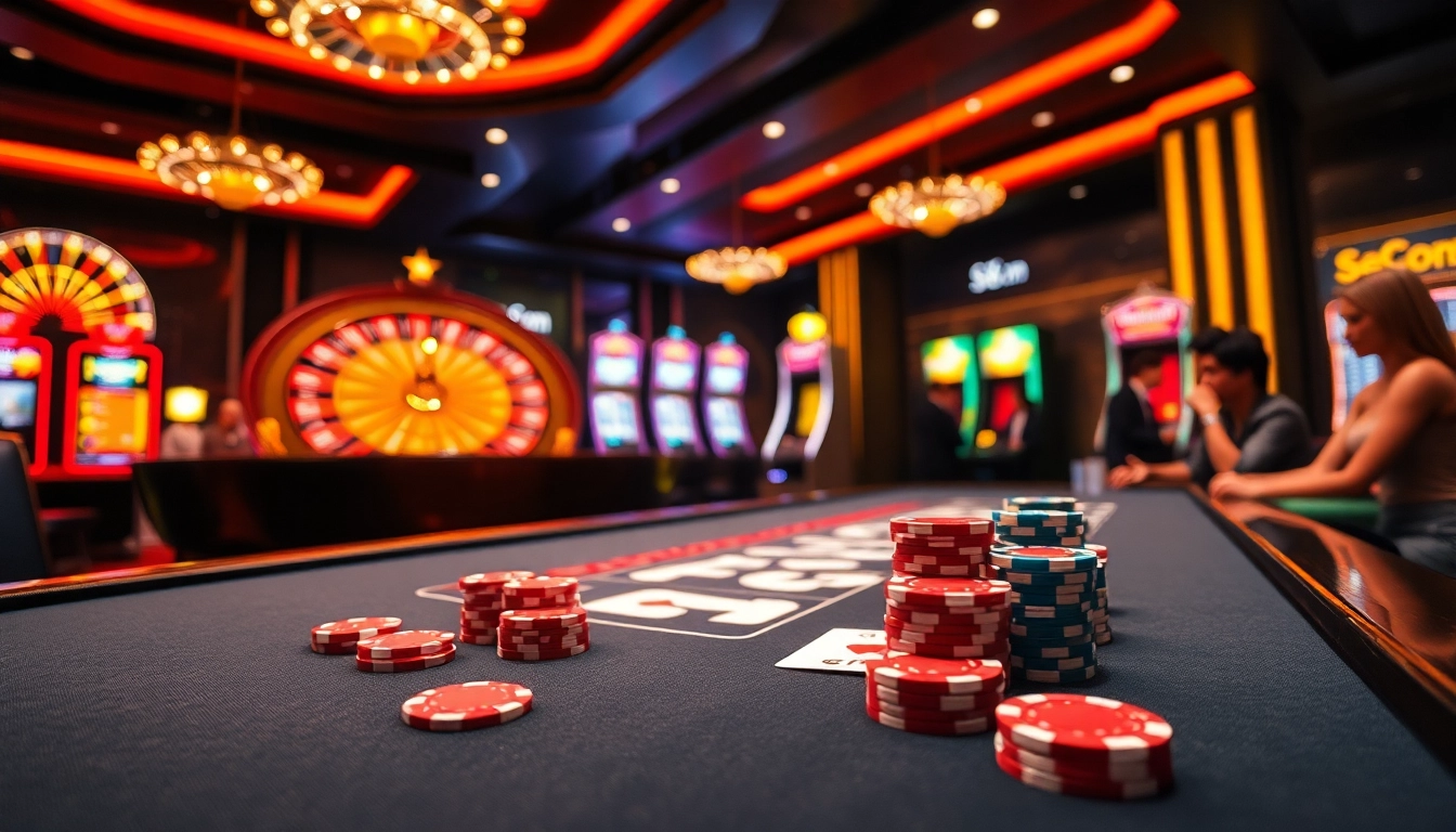 Players enjoying thrilling games at S8.Com casino, showcasing poker chips and roulette excitement.